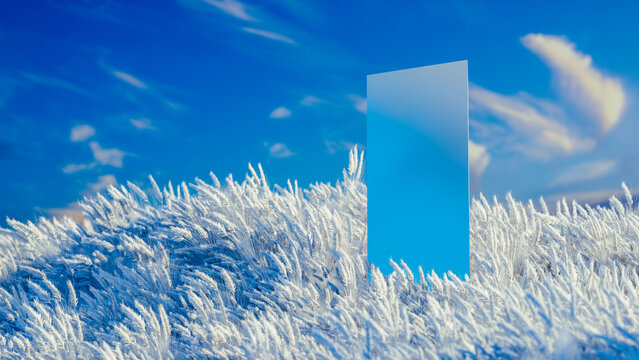 Surreal reflection on a snowy hill under a bright blue sky