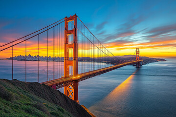 Obraz premium Golden Gate Bridge at sunset with vibrant sky and calm waters, San Francisco landmark