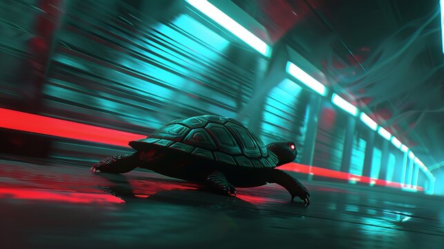A sleek turtle moves through a futuristic, neon-lit environment with vibrant blue and red accents.