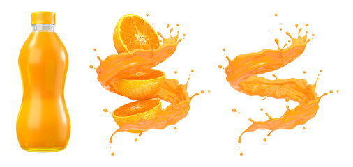 Orange juice flow and splash with bottle, Clipping path, 3D rendering