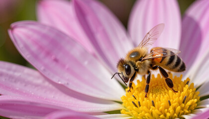 Bee collecting nectar from a flower against a pink blossom  