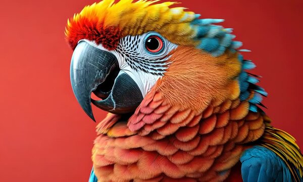 A stunning, close-up portrait of a vibrant, multi-colored parrot against a solid red background.