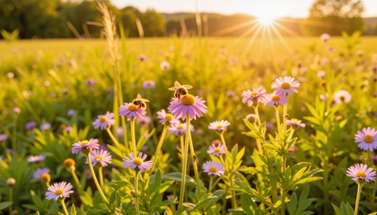Fototapeta premium Flowers blooming in golden sunlight in a vibrant meadow 