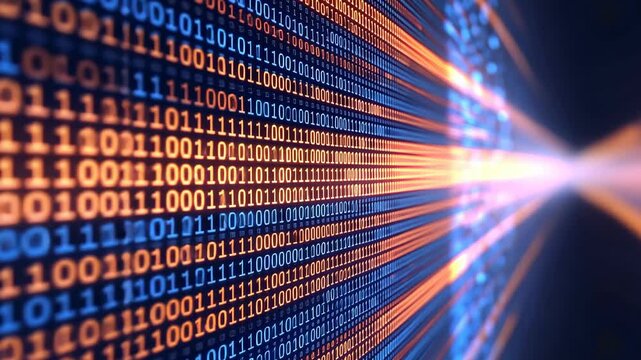 Visual representation of digital data transmission through binary code and neon light effects at night