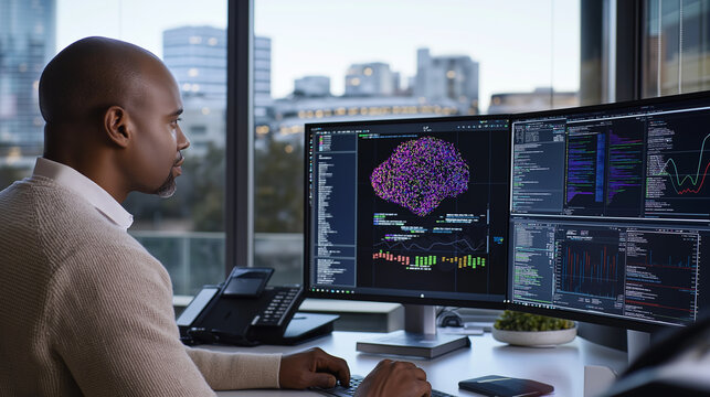 A quality testing engineer in a bright office scrutinizing a desktop screen running a Node.js AI program, with detailed dashboards showing performance metrics and error logs. T