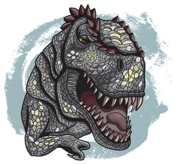 Hand drawn vector illustration with roaring rex dinosaur with fangs and open mouth for t-shirt, stickers, print against textured background. Graphic engraved artwork with dino head, vintage style