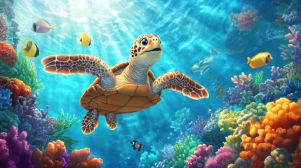 Colorful Underwater Turtle Adventure By Generated AI