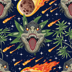 Seamless vector pattern with dinosaur head with fangs, tropical leaves, palm trees and falling asteroid fireball on dark sky background. Vintage illustration with jurassic and mesozoic era concept