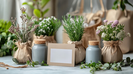 Fototapeta premium Rustic botanical decor with blank card for message or invitation