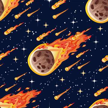 Seamless pattern with vector illustration of falling space meteor, comet or asteroid stone fireball with fire trail against sky galaxy background with stars. 
