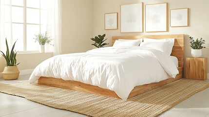Sunny Bedroom for Minimalist Design, Wooden Bed.