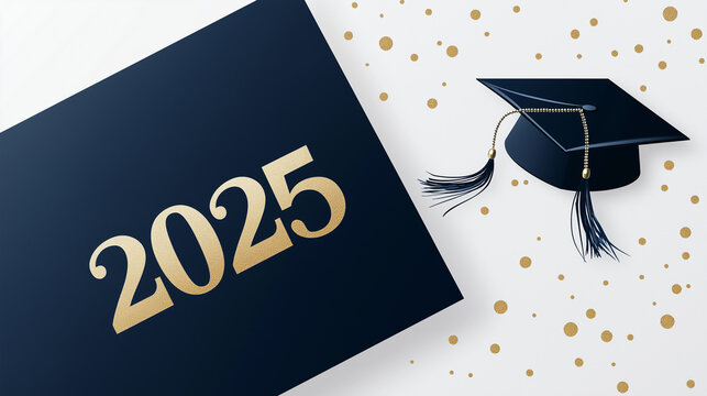 Schwarze Abschlusskappe mit goldener Jahreszahl 2025 auf eleganter Karte