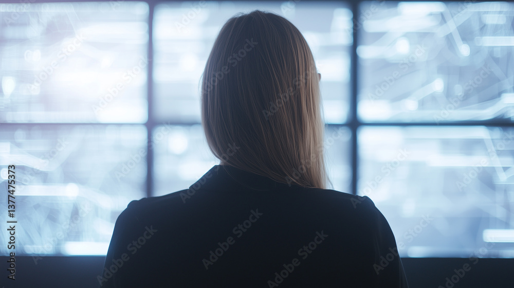 Poster woman stands in front of digital screen, analyzing data with focus