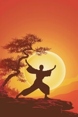 Celebration of world tai chi and qigong day with silhouette at sunset. Vertical banner. Copy space. Flat illustration
