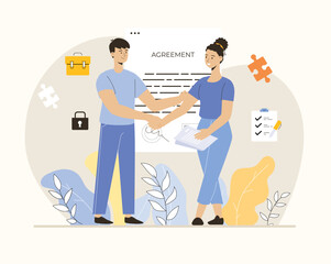 Online agreement, digital signature. People signing paper contract, deal settlement document or electronic agreement. Handshake of partners. Flat vector illustration.