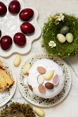Traditional Ukrainian Easter pastry paska and painted eggs.