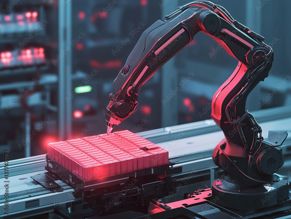 Aufkleber robotic arm efficiently packages products on assembly line in modern factory