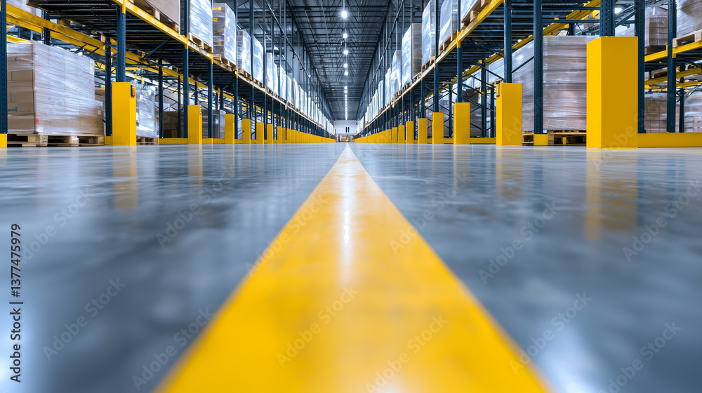 Poster wide angle view of fulfillment center with bold perspective lines and stacked pallets