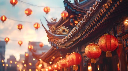 Obraz premium Vibrant chinese lanterns adorning traditional temple at sunset