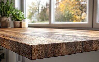 Wooden kitchen countertop by a window.  Natural wood grain, smooth surface,  cozy kitchen detail