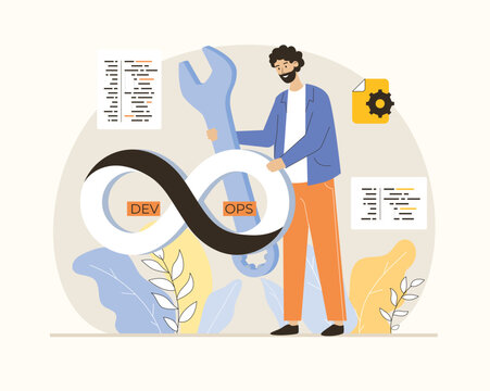 DevOps developer concept. Programmer working on software development, operations process, technical support, automation process. Flat vector illustration.