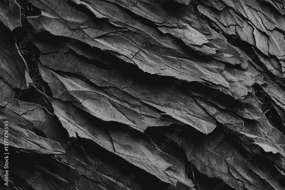 Poster close up of tree bark texture with layered, rugged surface in black and white