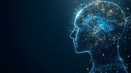 Digital human head composed of data and code, surrounded by abstract technology elements, symbolizing artificial intelligence and the future of technology.
