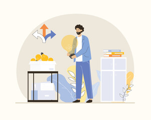 Finding ideas, solutions, thinking, brainstorming process. Man coming up with innovative strategy or way to solve a problem, find the answer. Flat vector illustration.