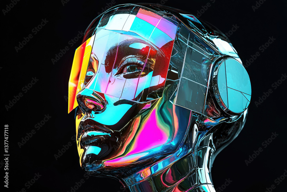 Poster a futuristic chrome robot head with reflective, iridescent colors and transparent panels against a d