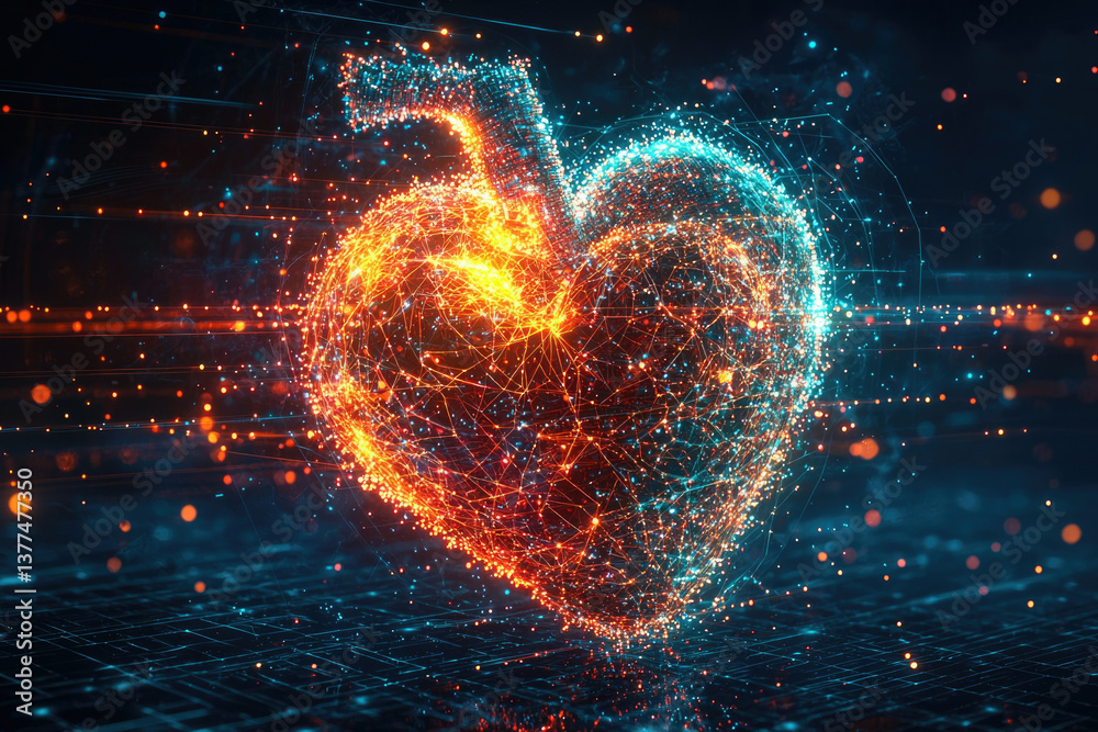 Poster a digital heart is formed by glowing red and blue particles, connected by lines on a dark background