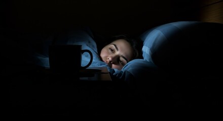 Woman lying in bed at night unable to sleep, insomnia eyes open staring into dark, insomnia symbolized by coffee cup nearby, insomnia caused by late caffeine
