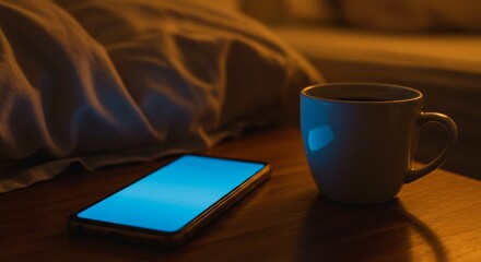 Smartphone and Coffee Cup Relaxing on Bedside Table at Night  