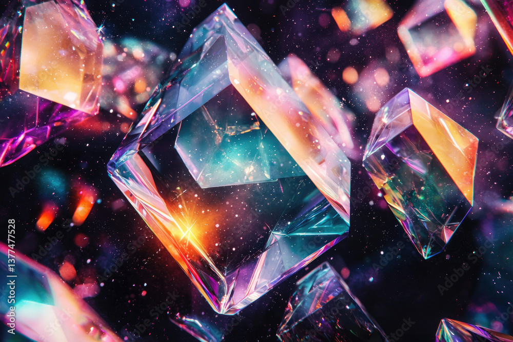 Poster Floating iridescent crystal cubes against a space background with sparkling stars create a mystical and futuristic aesthetic.
