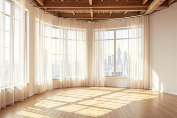 Obraz premium Spacious modern interior with tall sheer curtains, wooden ceiling beams, and sunlit hardwood floor, city skyline background, concept of urban living. Ai generative