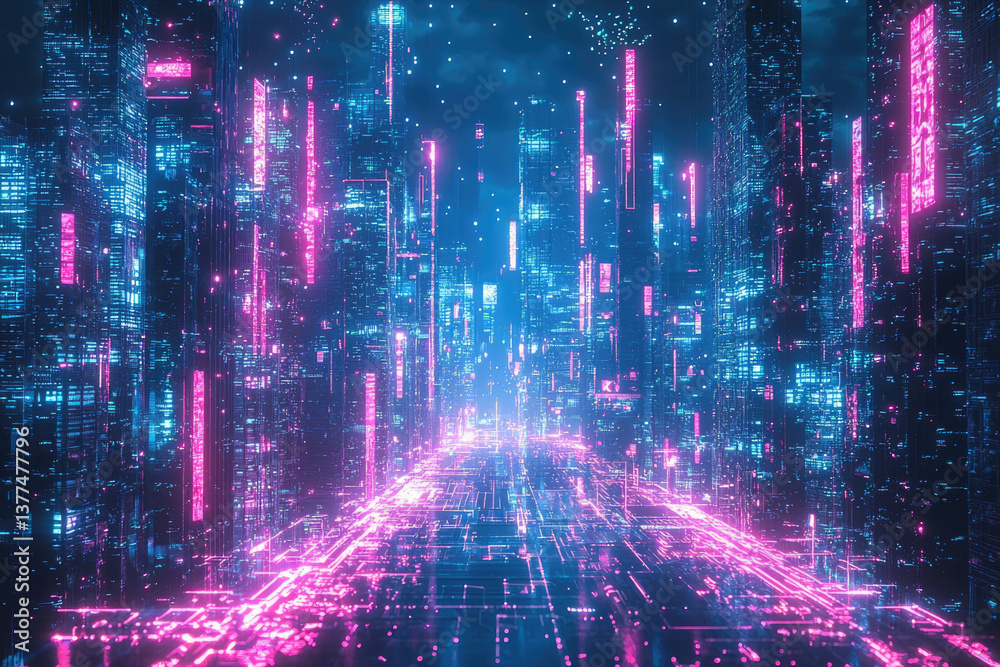Poster a futuristic cityscape glows with vibrant neon hues, displaying a complex network of interconnected 