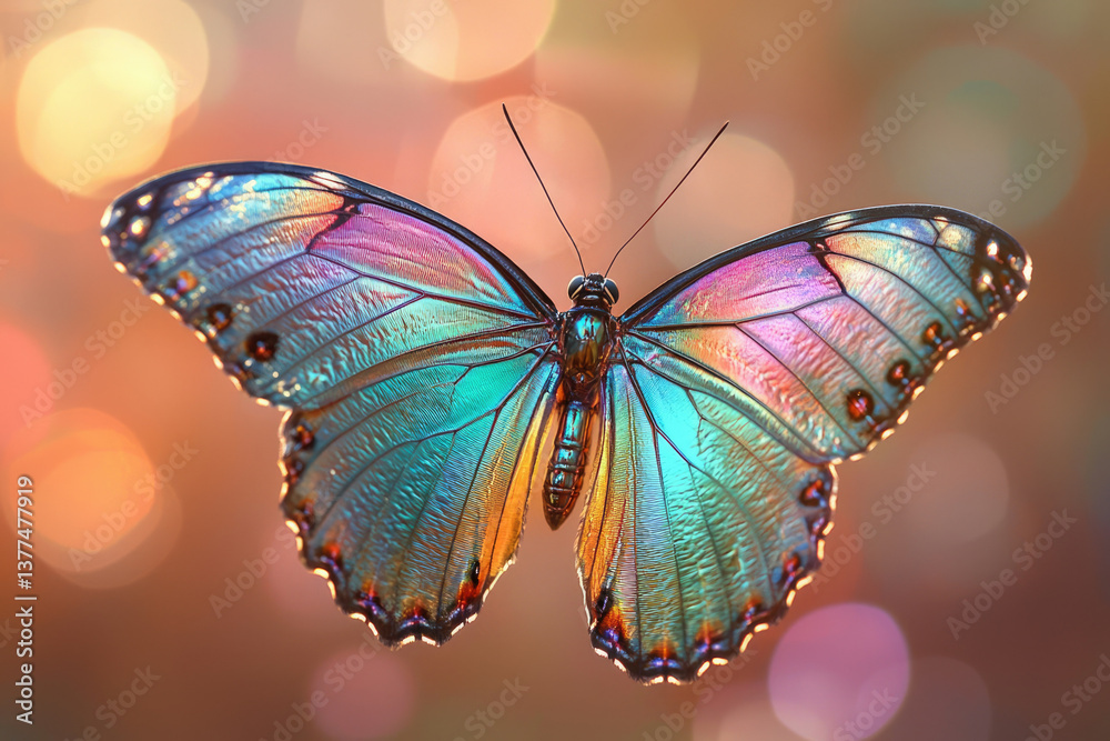 Poster Iridescent butterfly with open wings, showcasing vibrant colors against a bokeh background with a shallow depth of field.