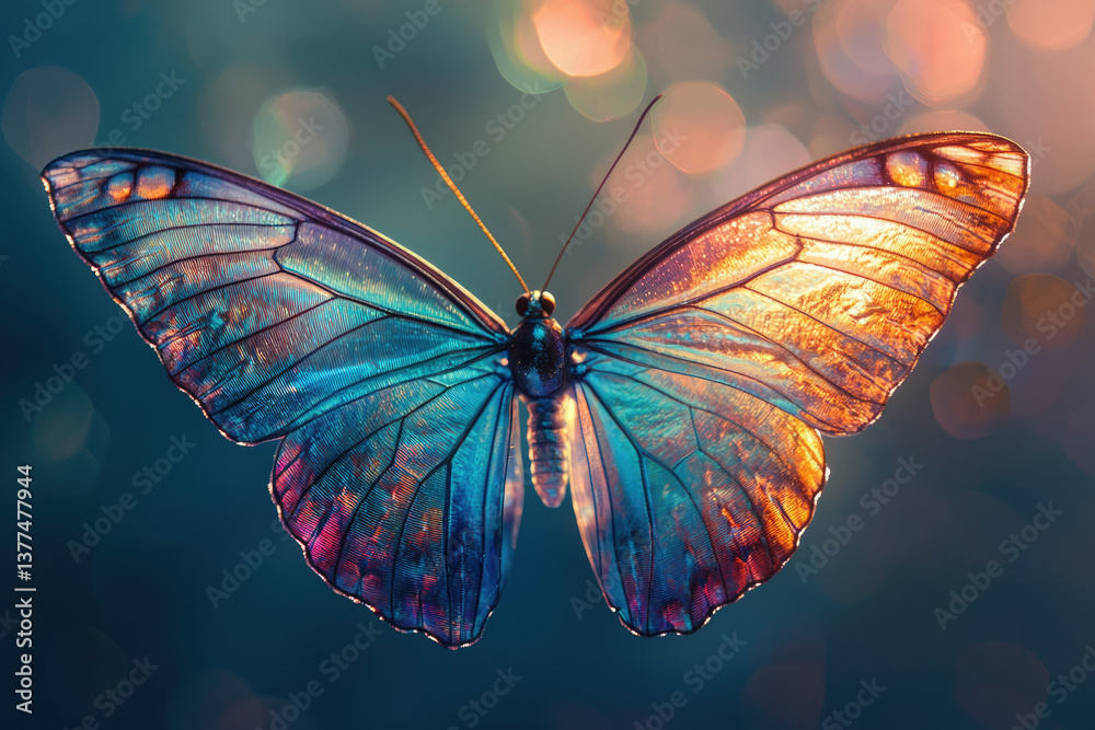 Poster a captivating image of a morpho butterfly with wings exhibiting brilliant blue and orange iridescent