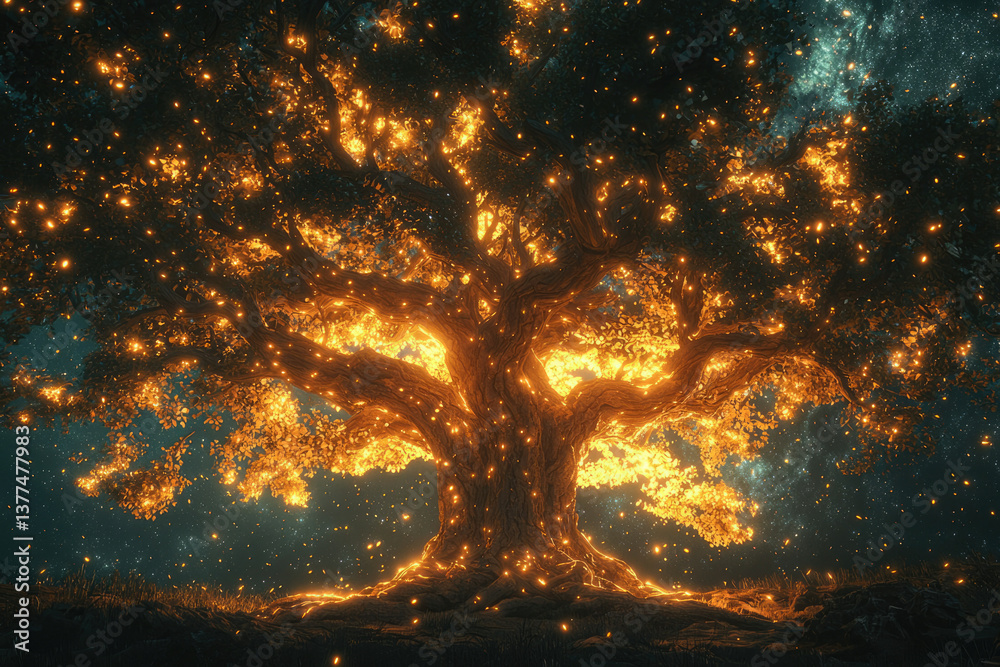 Poster a magnificent tree stands alight with golden fireflies, against a twilight sky scattered with twinkl
