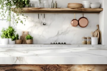 Empty kitchen countertop with wooden shelves and plants