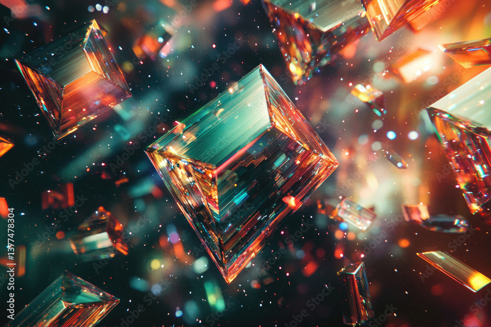 Poster abstract arrangement featuring crystal cubes with glowing edges and scattered particles against a da