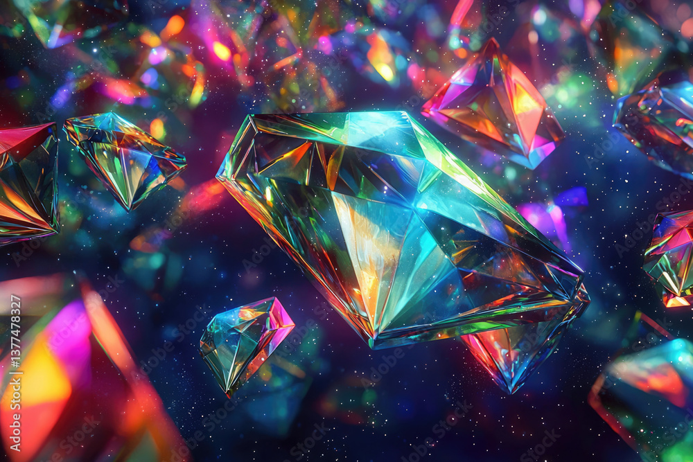 Poster Floating diamonds in a cosmos of starlight, refracting a spectrum of vivid colors, creating a magical and dazzling celestial display.