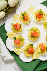 Easter deviled eggs with horseradish and smoked salmon..top veiw