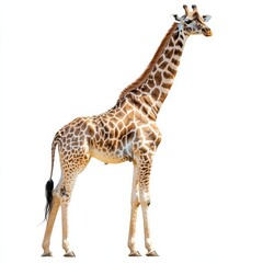 Obraz premium Elegant Giraffe Standing Tall Against a Clean White Backdrop, Showcasing Its Unique Pattern and Graceful Form.
