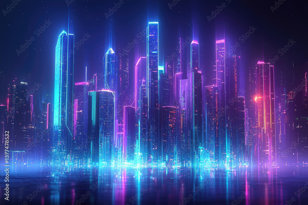 Poster a futuristic cityscape is illuminated with vibrant neon colors, reflecting in the water creating a d