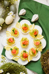 Easter deviled eggs with horseradish and smoked salmon..top veiw