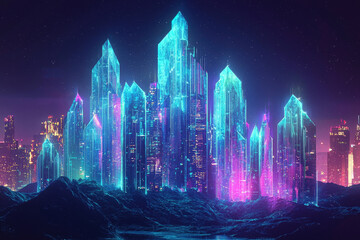 Futuristic cityscape with crystalline skyscrapers glowing in neon blue and pink, set against a dark starry night sky and rugged terrain.