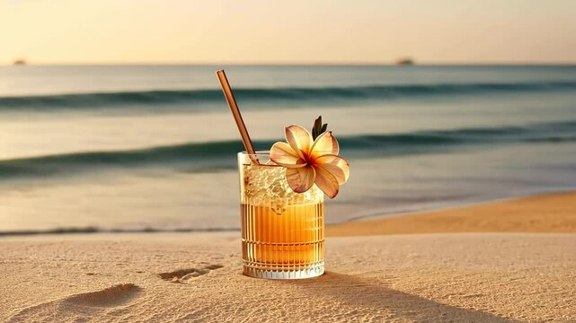 Glass summer refreshing alcoholic fruit cocktail on sandy beach sunset background with white flower. Travel, weekend, vacation at beach concept. 4k video	
