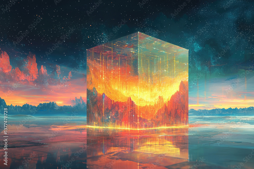 Aufkleber a glowing, transparent cube stands on a reflective surface under a starry sky and fiery sunset lands