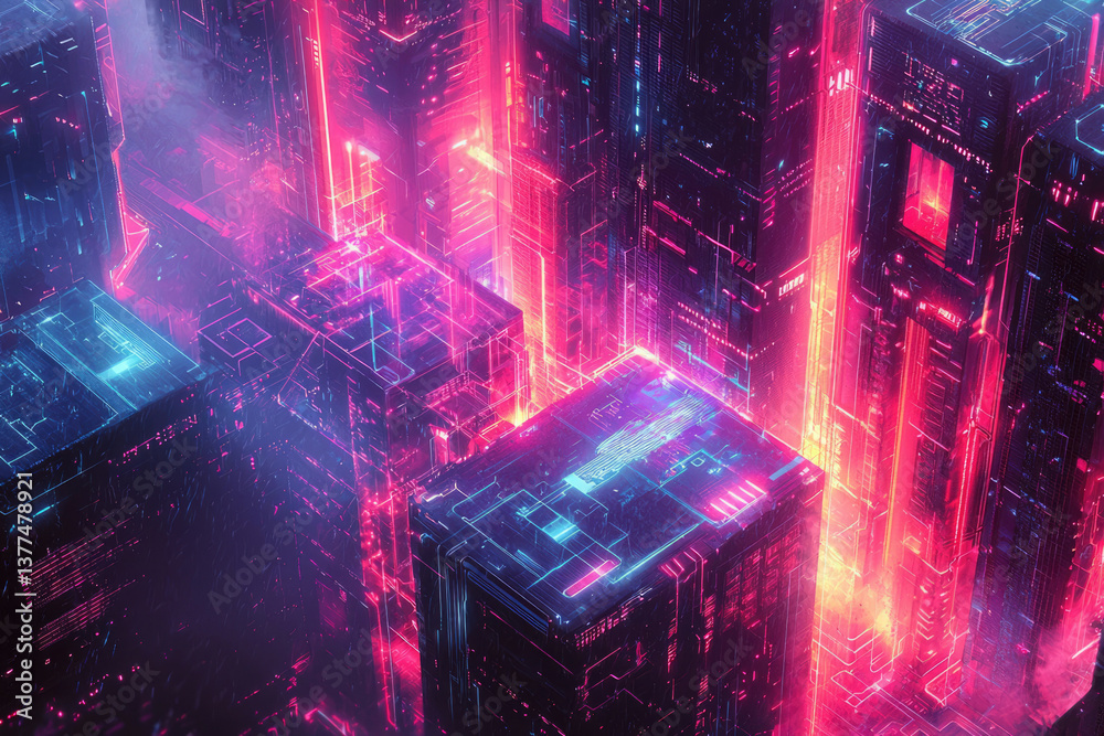 Poster a vibrant futuristic cityscape with neon lights creating an atmosphere of technology and innovation.