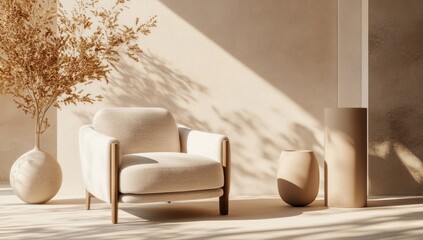 Minimalist beige living room with armchair and plants